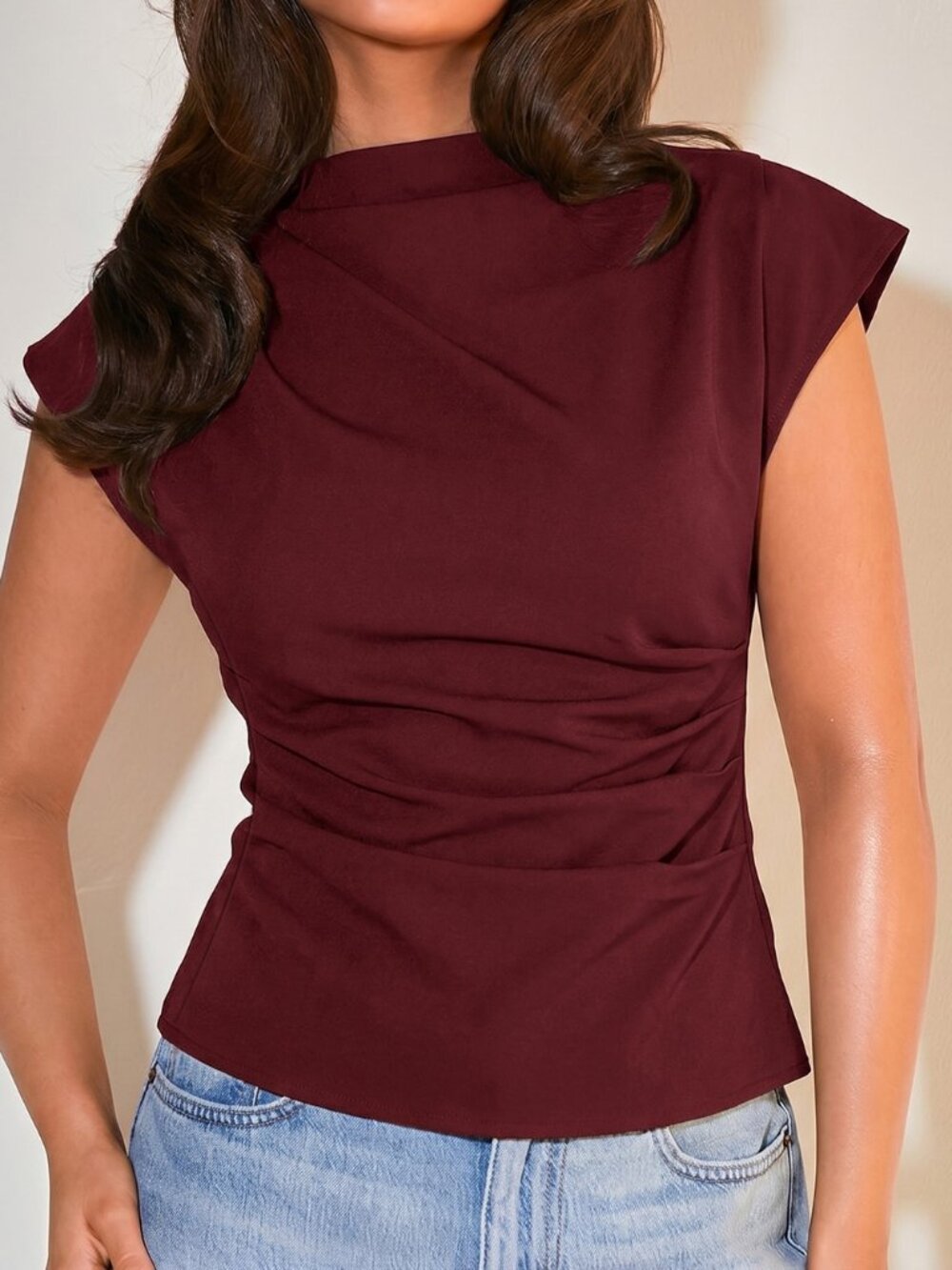 Burgundy Casual Women's Ruched Waist Stand Collar Batwing Sleeve Blouse